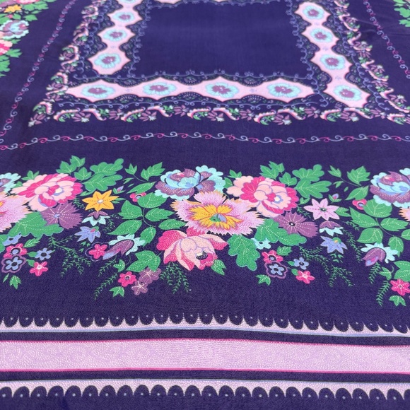 Vintage Saks Fifth Avenue Floral Scarf | Dark Purple Square with Fringe - Picture 6 of 10